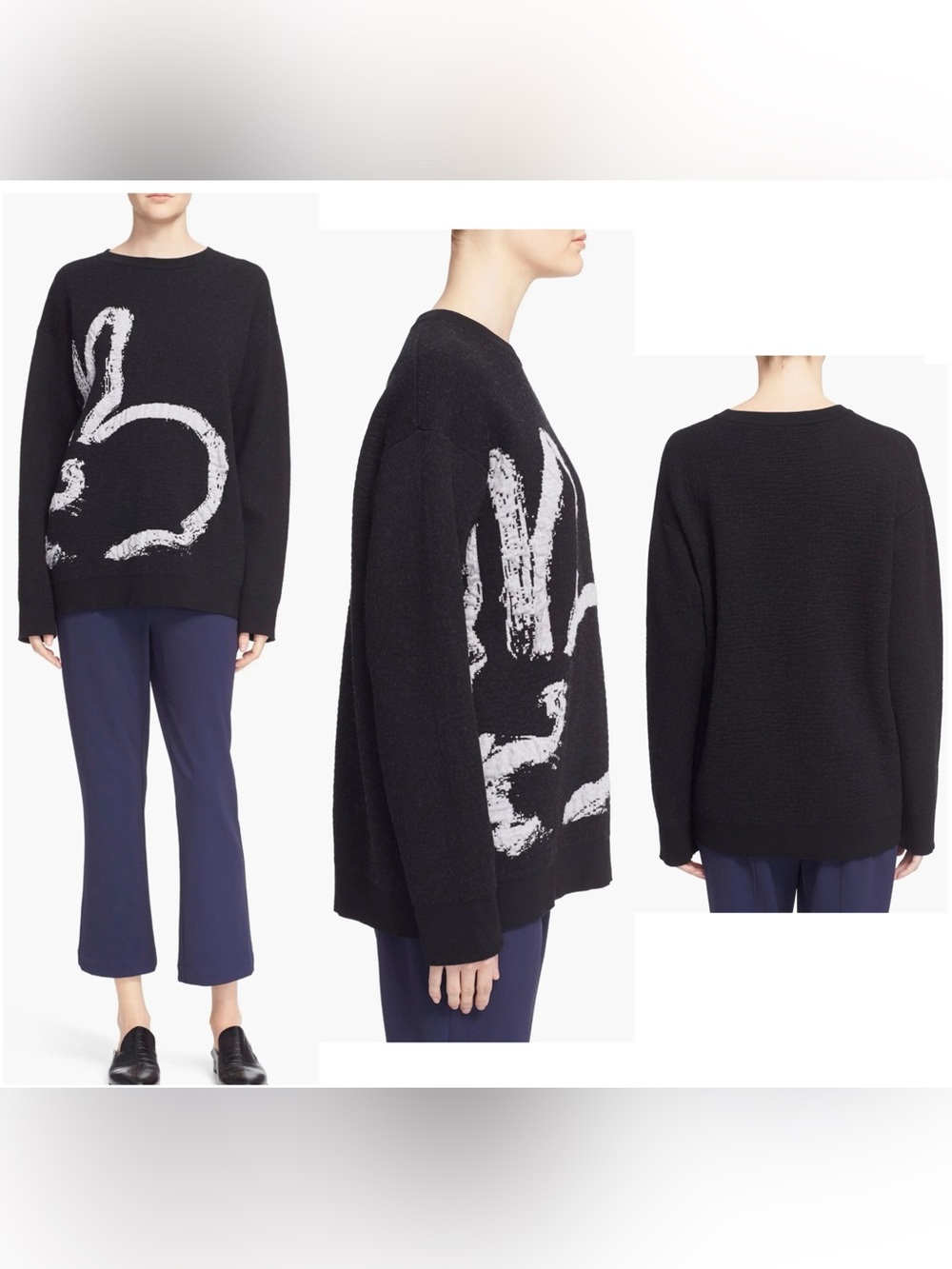 Grey Jason Wu Black Intarsia Bunny Crewneck Sweater